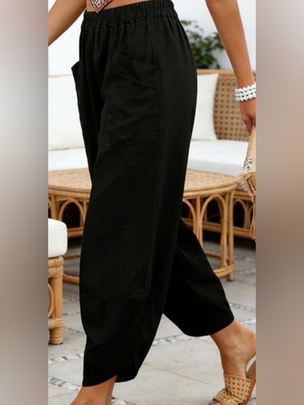 ♠️ Black Barrel Linen Pants. Elastic waist with pockets. Size XL - Picture 2 of 8